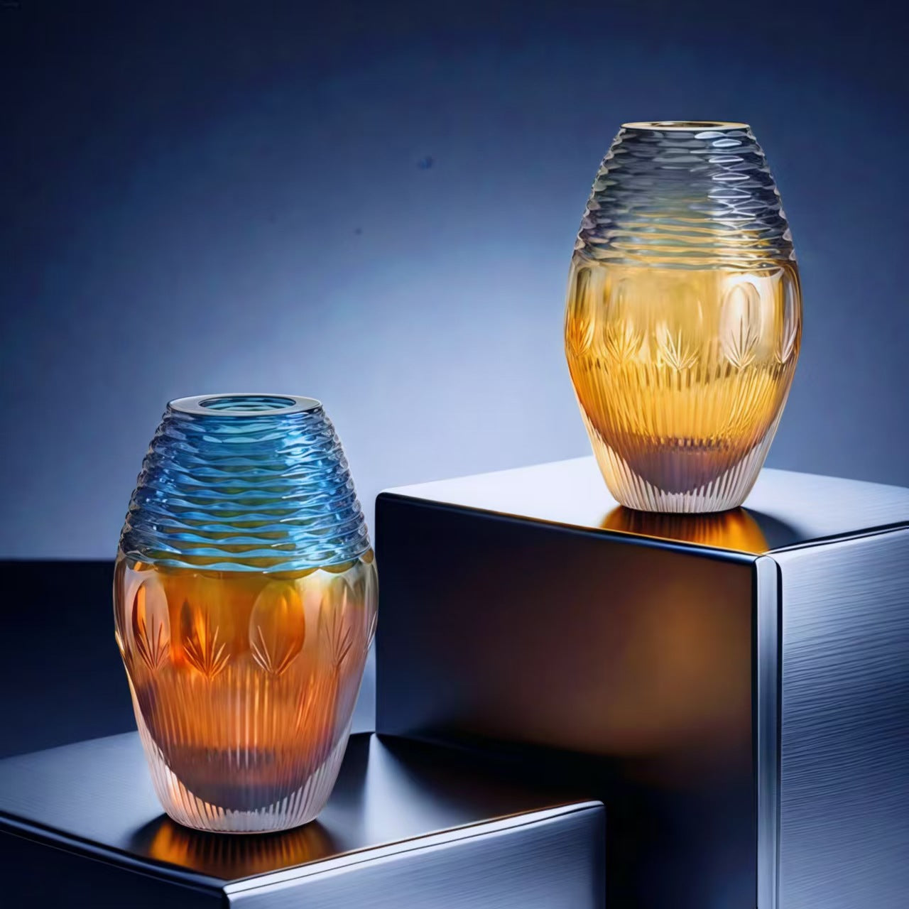 Blue and amber gradient glass vase with ripple texture