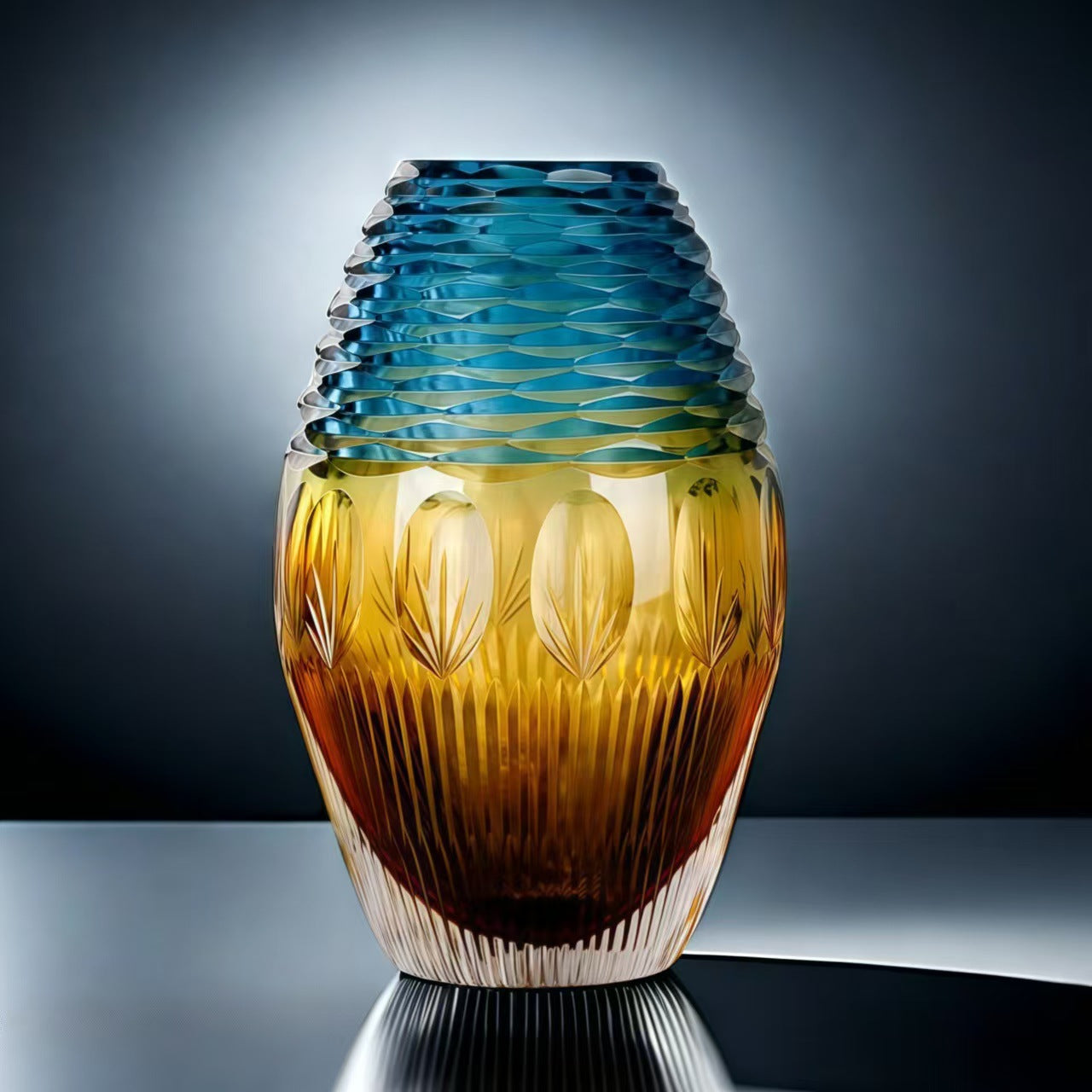 Front view of blue and amber hand cut crystal vase