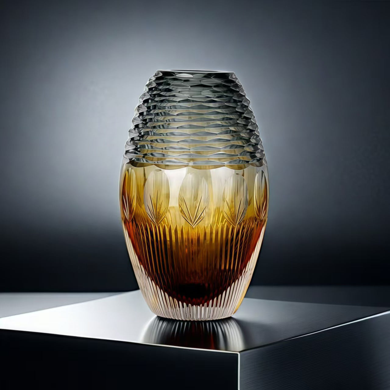 Grey and amber gradient glass vase with geometric cuts
