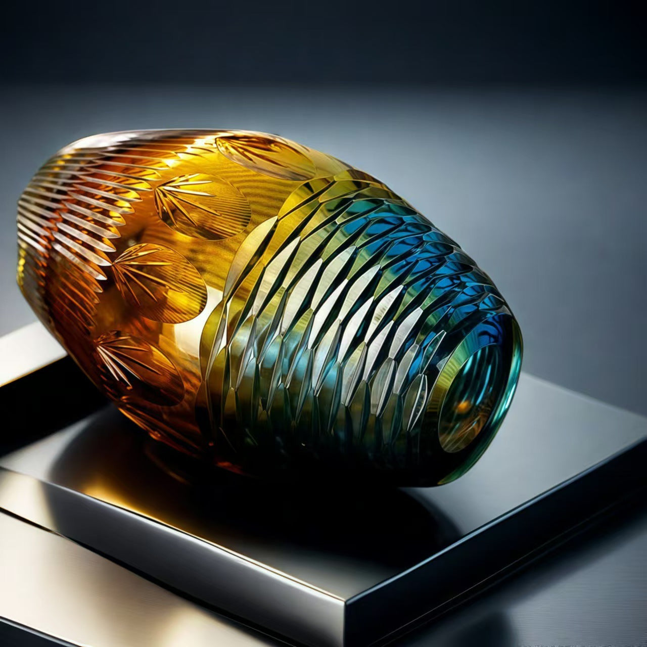 Detail of hand cut textures on gradient glass vase