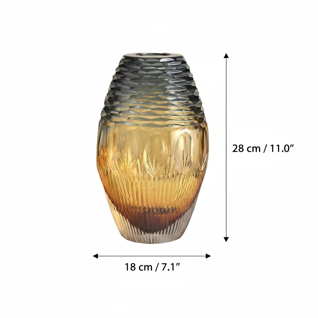 Dimension diagram of blue and amber glass vase