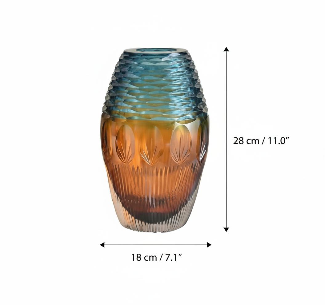 Dimension diagram of grey and amber glass vase