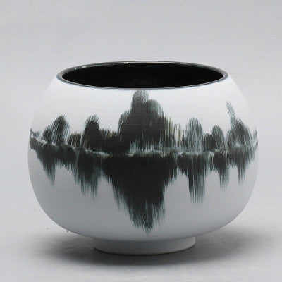 Large matte white ceramic vase with black abstract brushstrokes