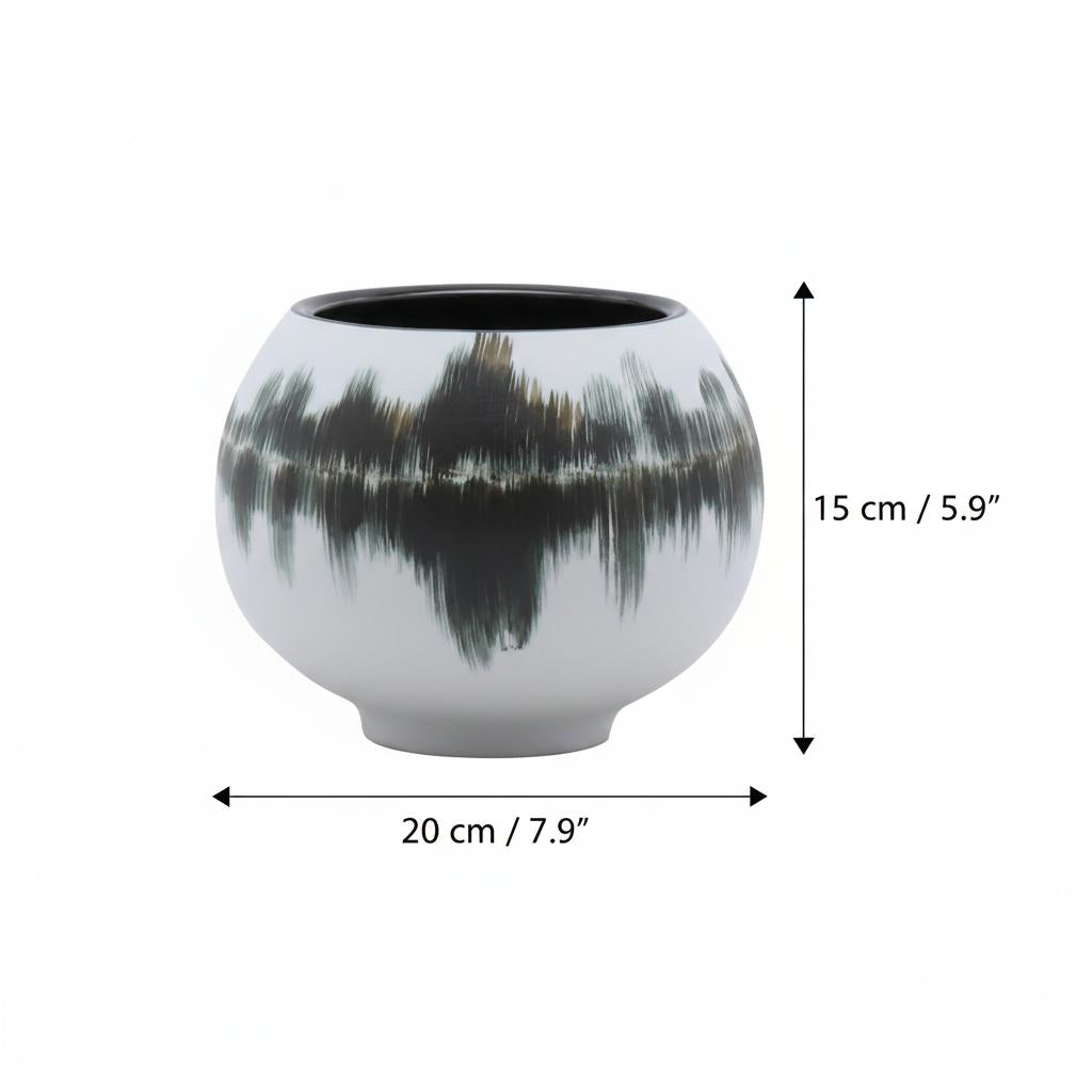 Dimensions of large ceramic orb vase showing 20cm width and 15cm height