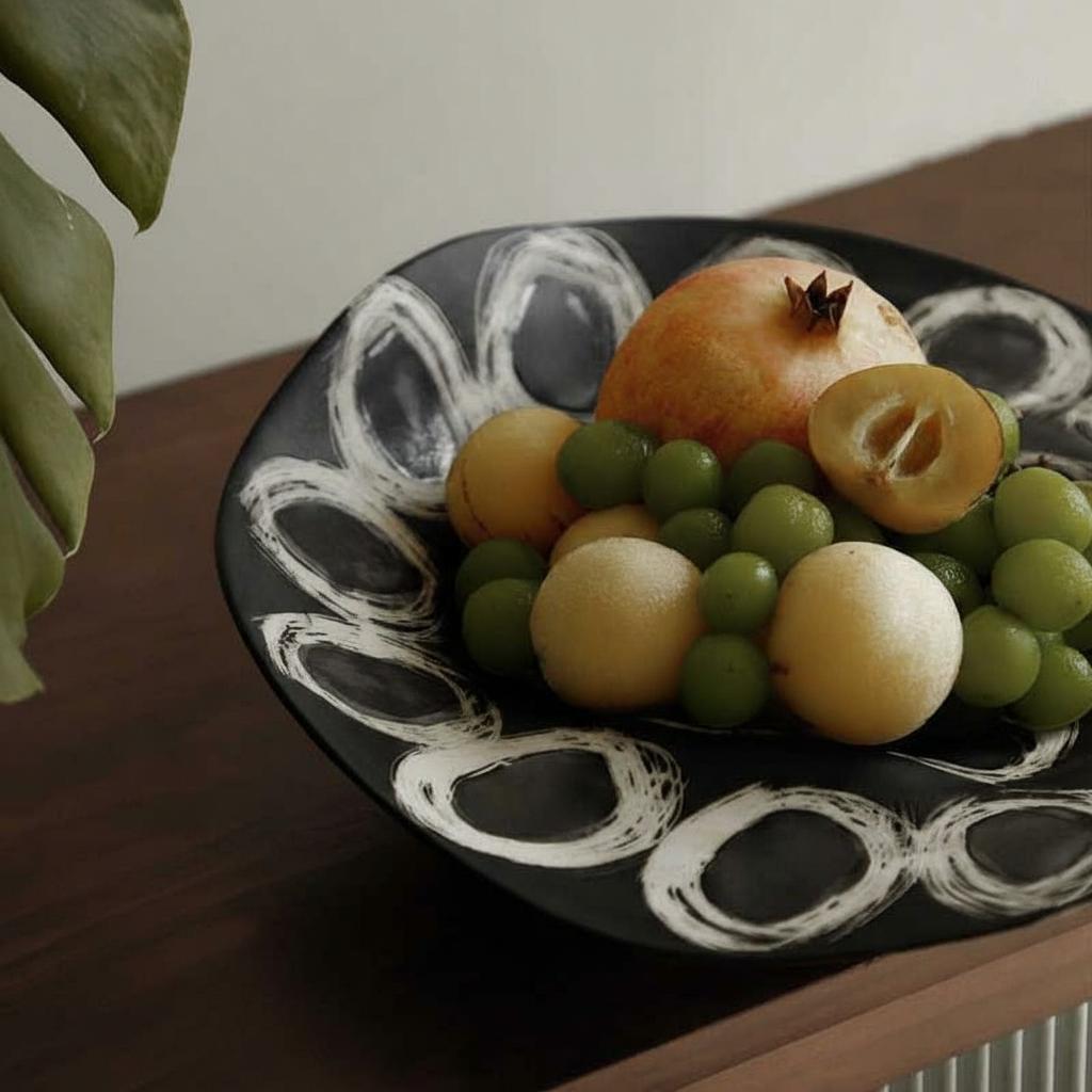 Overhead view of black ceramic fruit bowl with white swirls filled with fruit