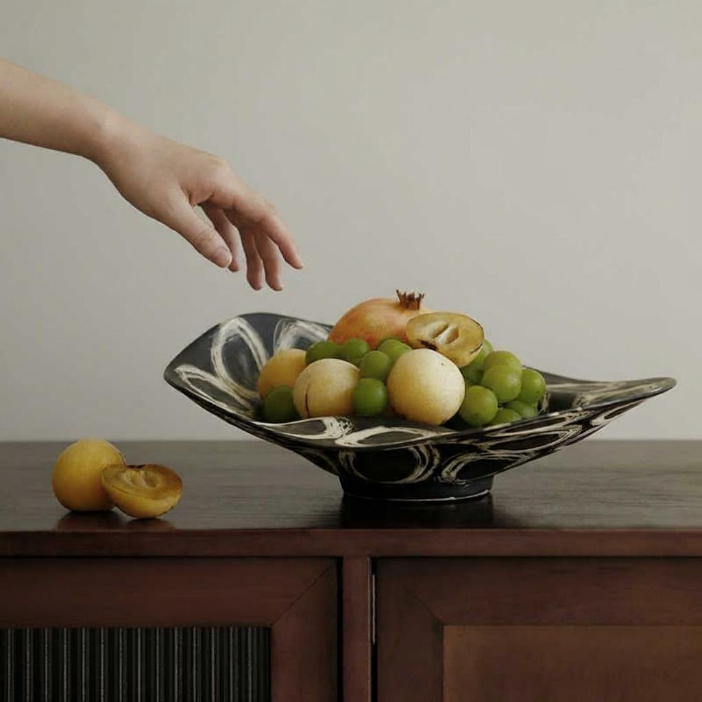 Side profile of wavy black and white ceramic bowl on wooden surface