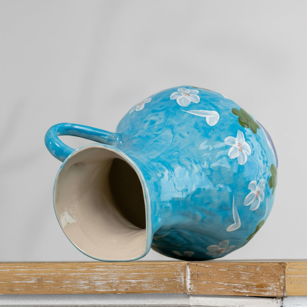 Top angled view showing handle and interior of blue ceramic pitcher