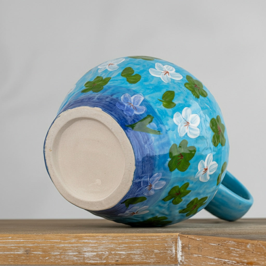 Bottom view of blue ceramic floral pitcher showing base