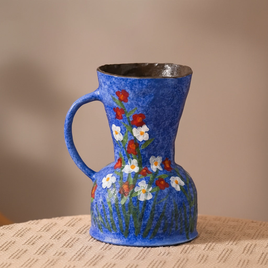 Front view of blue floral ceramic pitcher vase