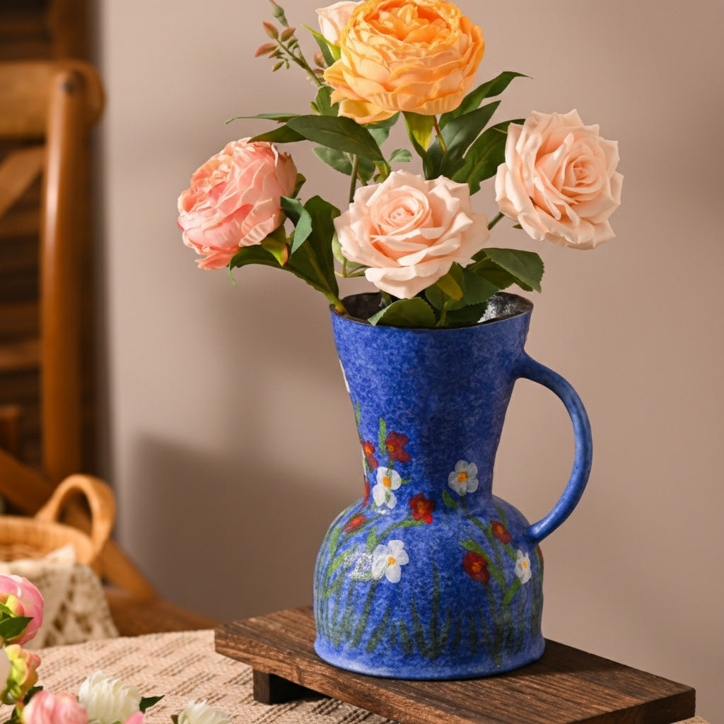 Side view of hand-painted floral vase