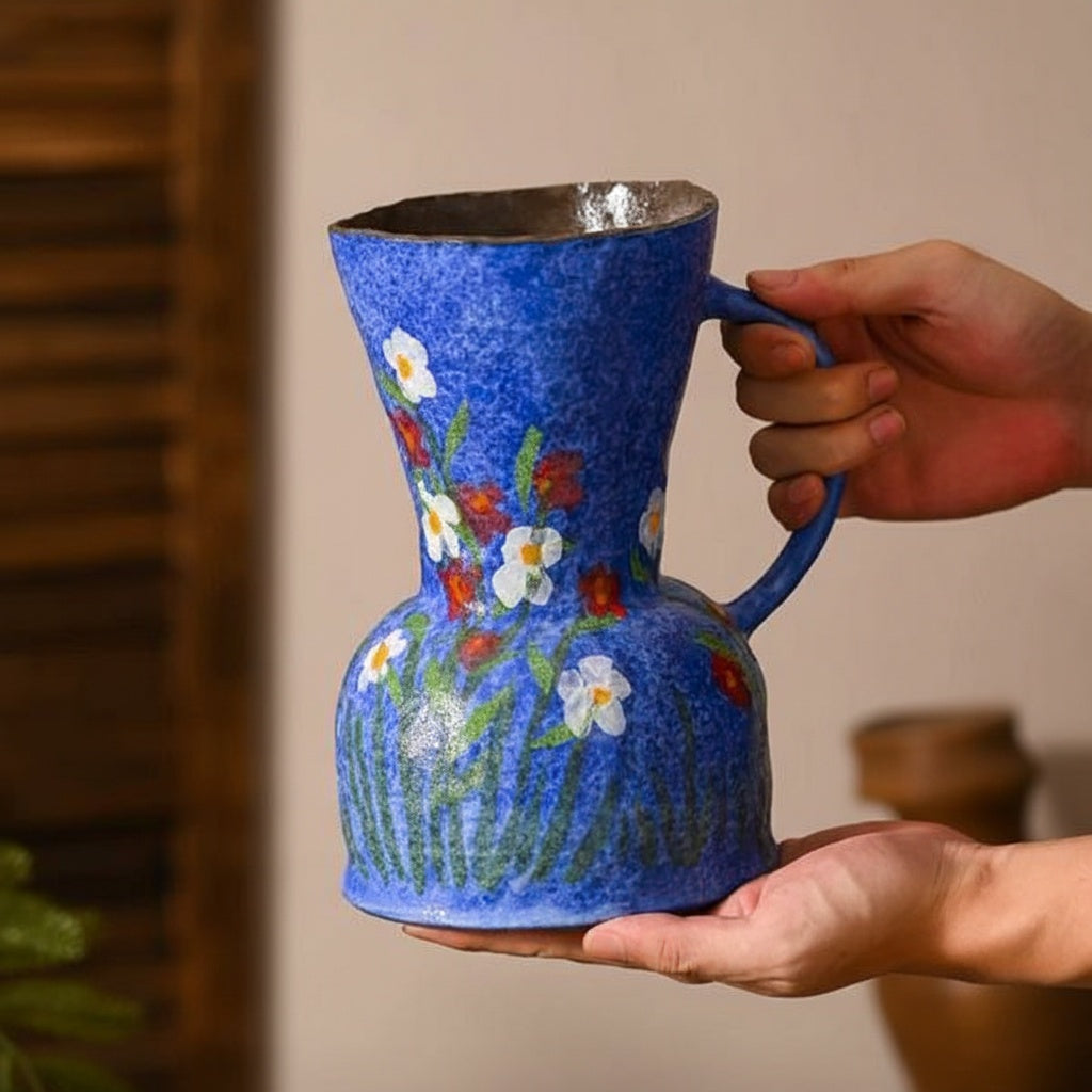 Hand holding blue ceramic pitcher vase