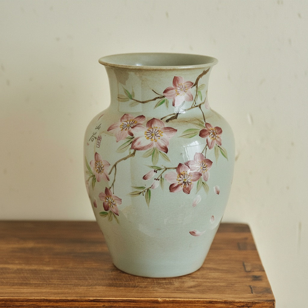 Front view of celadon ceramic vase with pink cherry blossom art