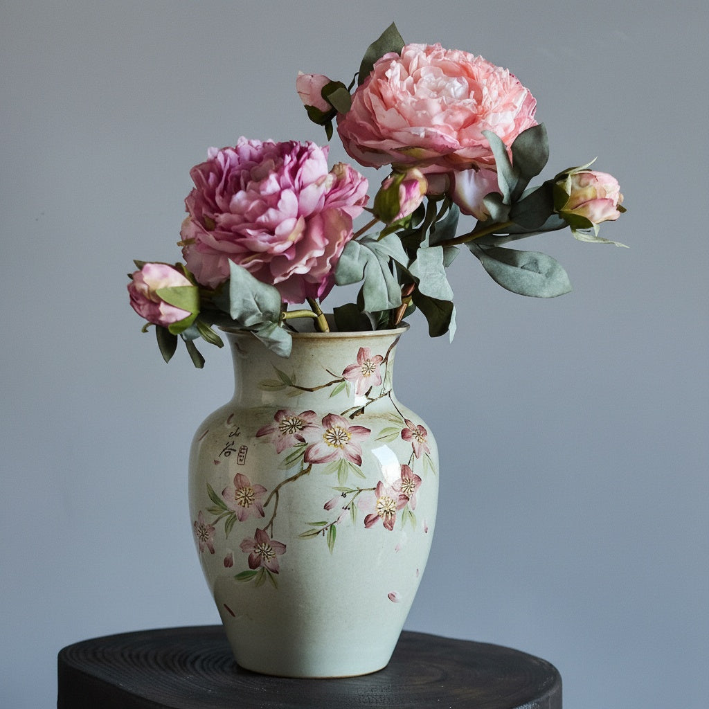 Ceramic floral vase styled with pink peonies on dark wood base