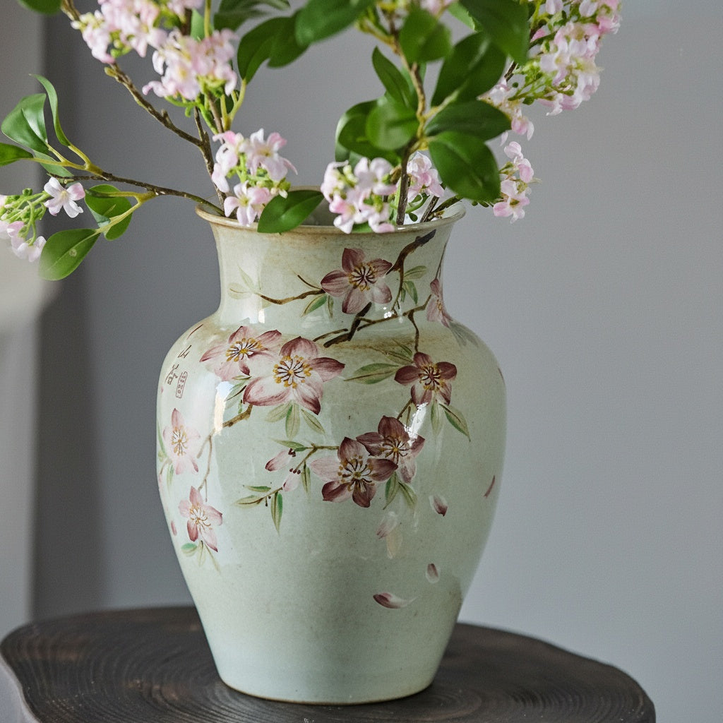 Angled view of hand-painted vase with small white flowers