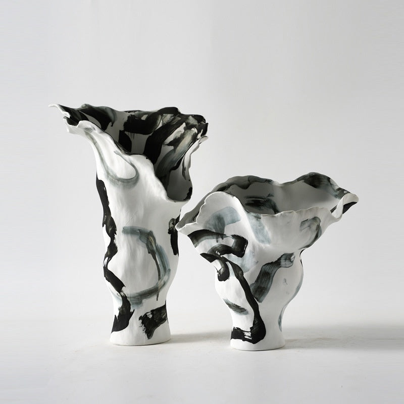 Hand painted ceramic abstract ruffled vase group shot