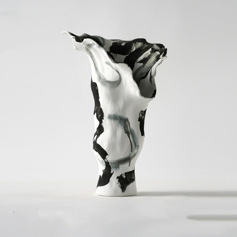 Large ceramic abstract vase with ruffled rim