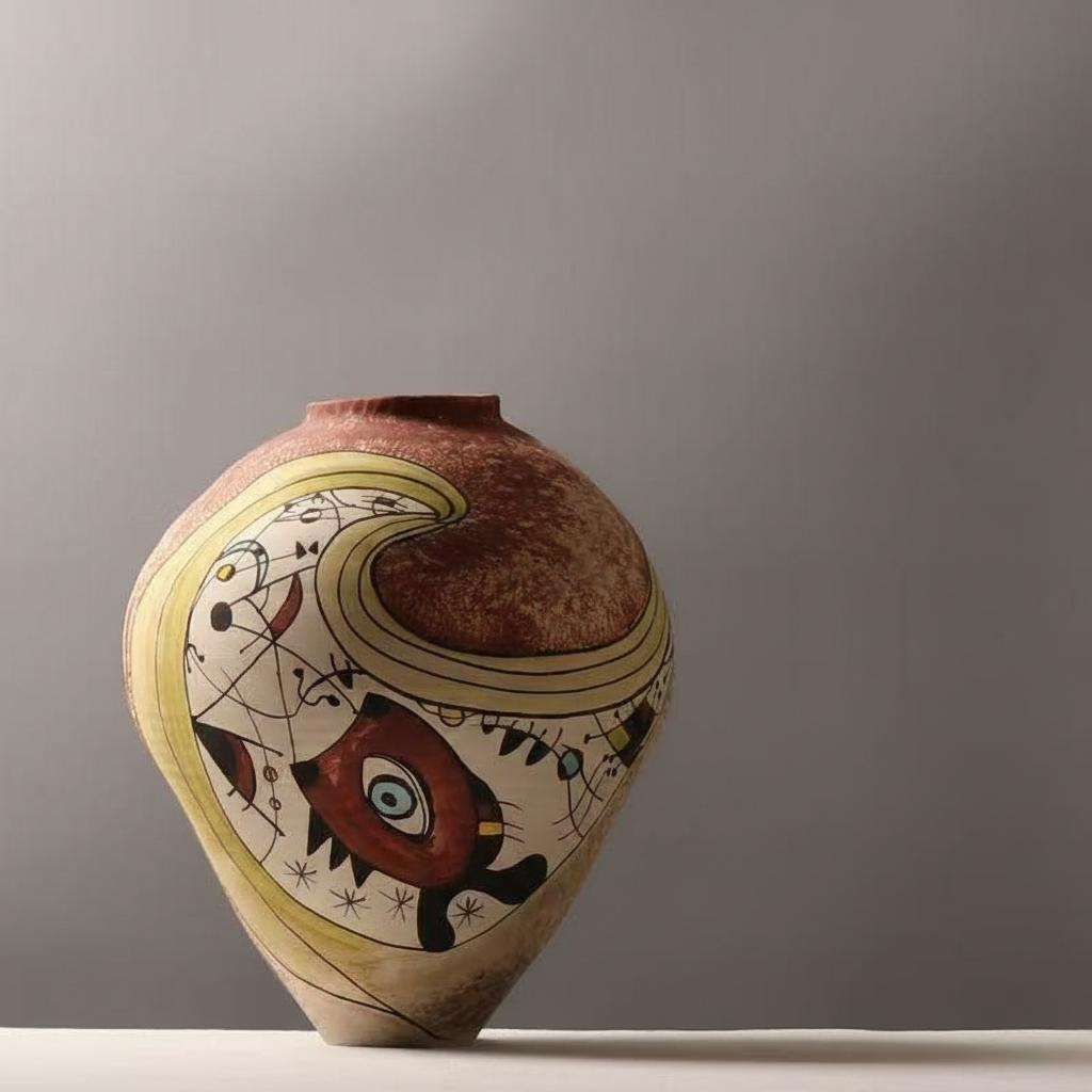 Front view of hand-painted ceramic vase with abstract surrealist design