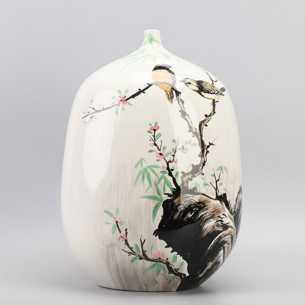 Close up of white ceramic vase featuring bird and branch illustration
