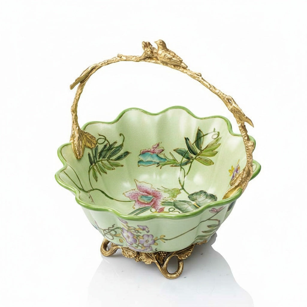 Studio shot of green ceramic and brass decorative basket