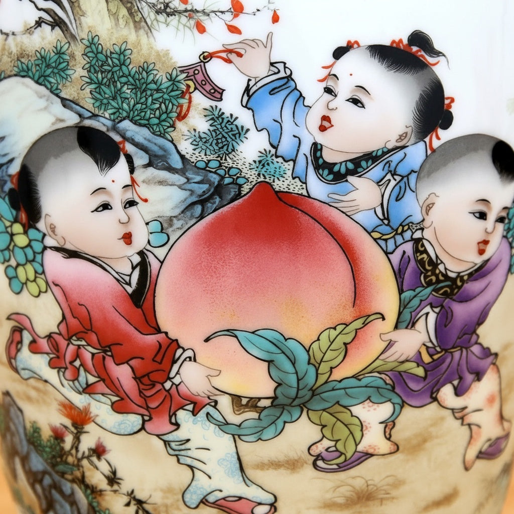 Close up detail of hand-painted children and peach illustration