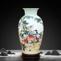 Full view of ceramic vase on stand against dark background
