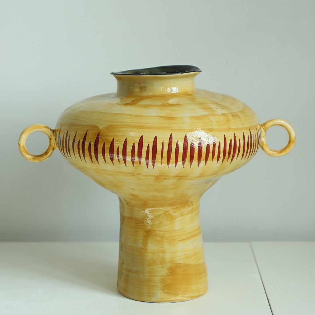 Yellow ceramic vase with red dash pattern