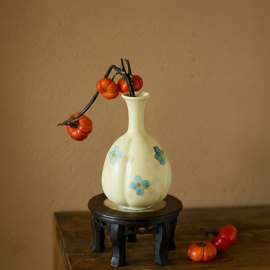 Glazed ceramic bud vase with persimmon branch styling