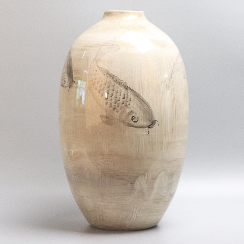 Front view of hand-painted ceramic koi ovoid vase