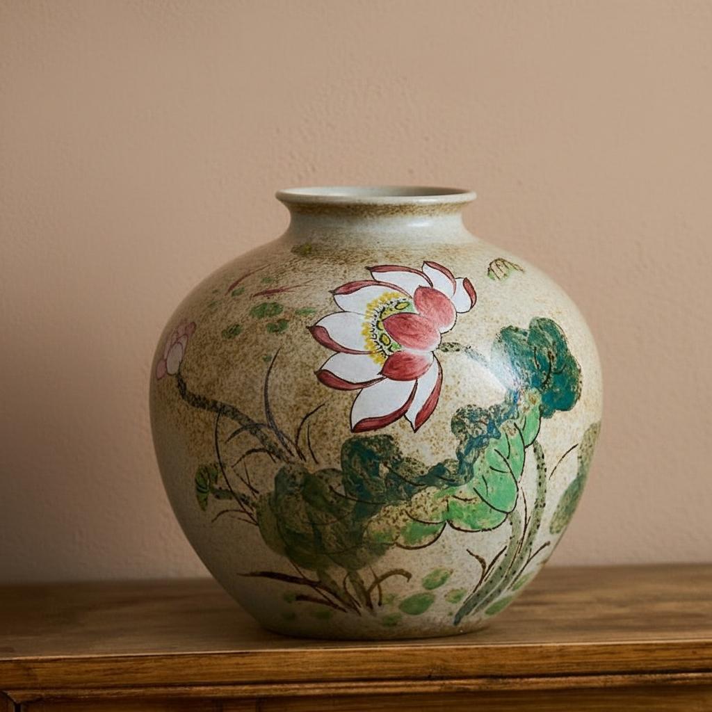 Front view of hand-painted ceramic round vase with lotus motif