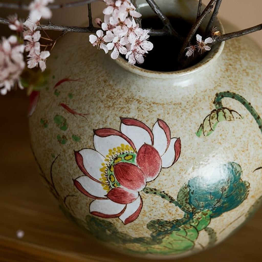 Close up detail of pink lotus flower painting on speckled ceramic surface