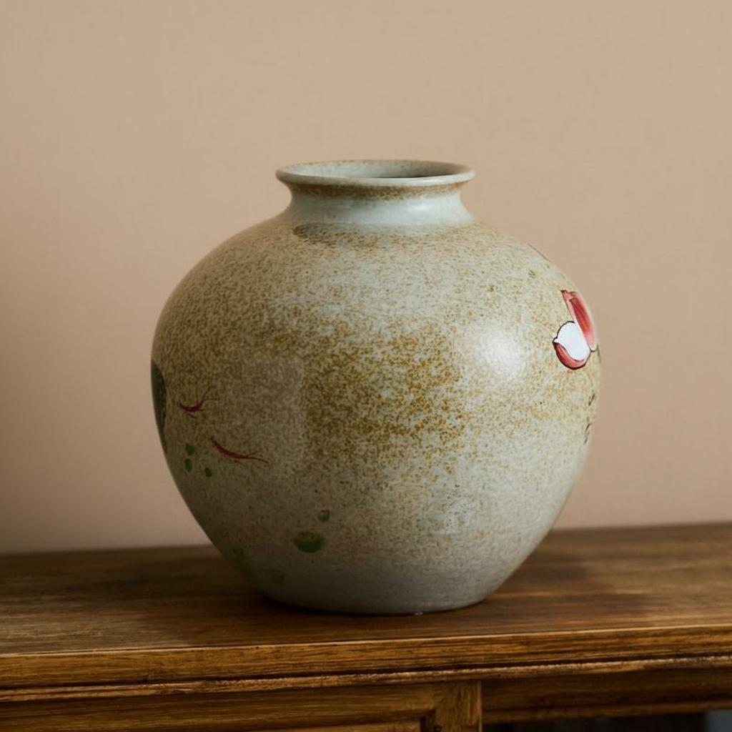 Side view of round ceramic vase showing speckled beige glaze