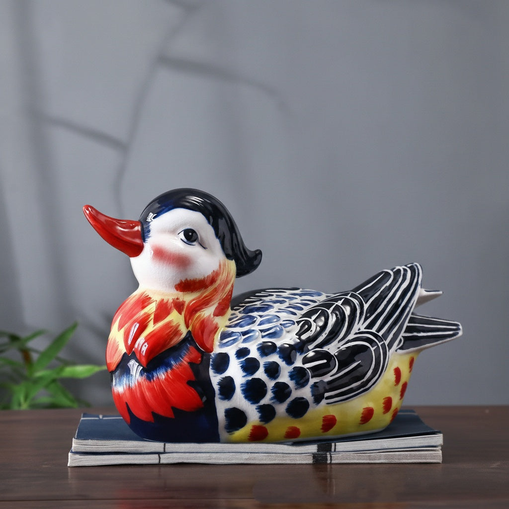 Side profile of colorful ceramic mandarin duck figurine