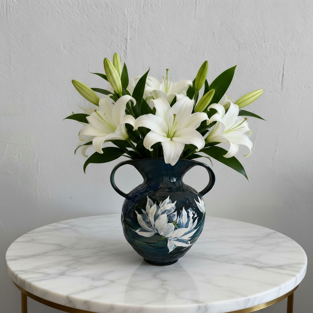 Styled shot of ceramic vase with white lilies on marble table