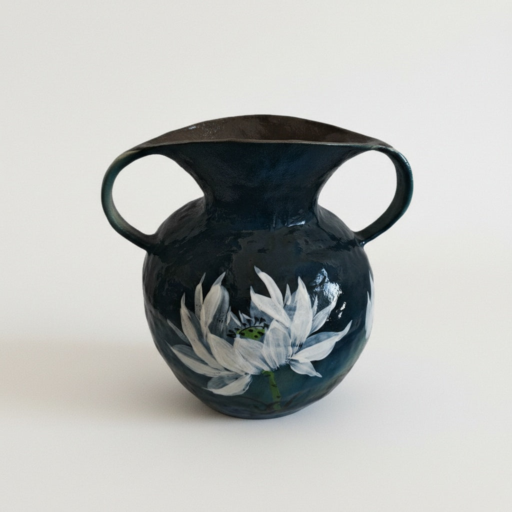 Isolated front view of blue floral ceramic vase