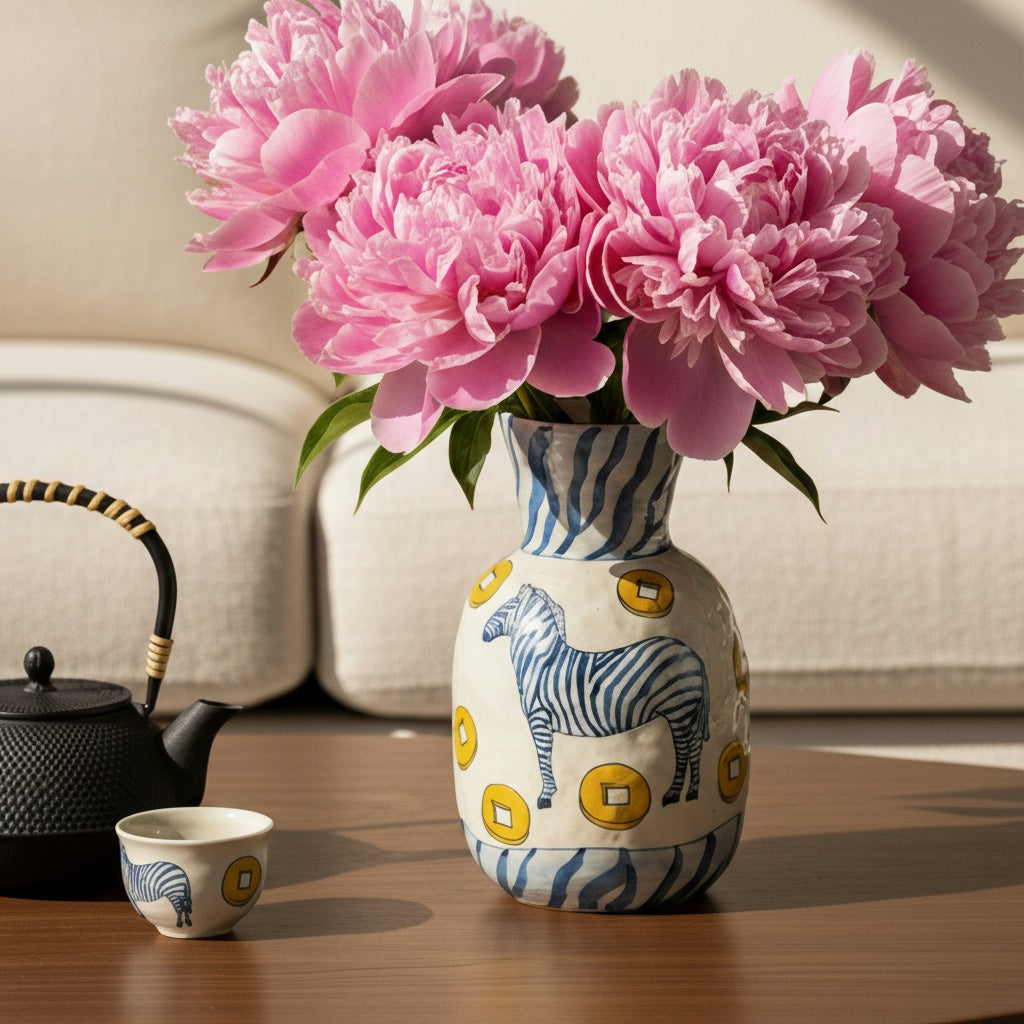 Hand painted ceramic zebra vase with pink flowers