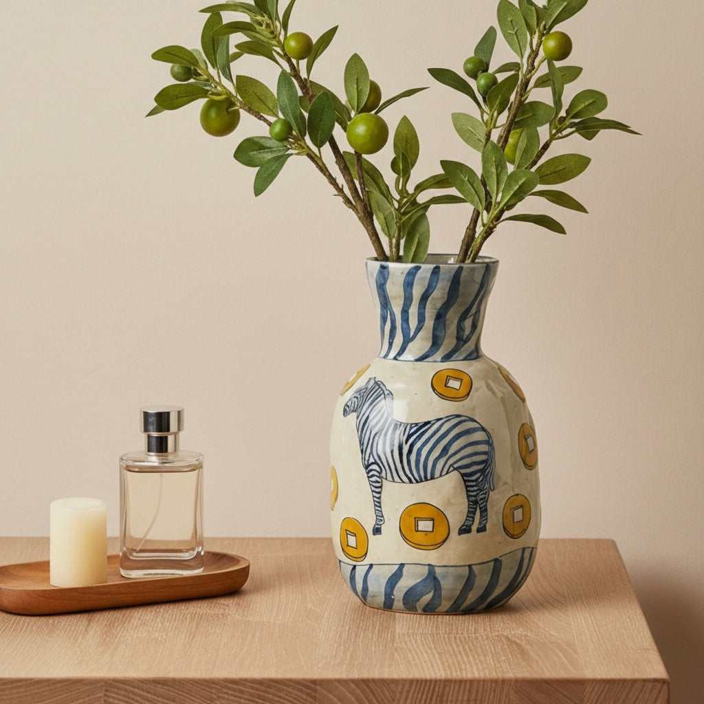 Ceramic vase with zebra and coin motif on table