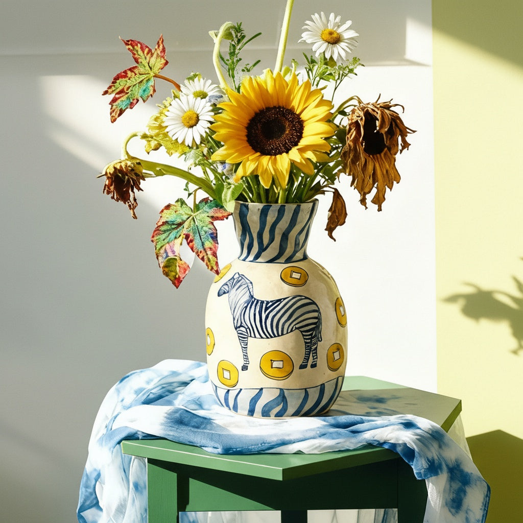 Eclectic blue and white zebra vase with sunflowers