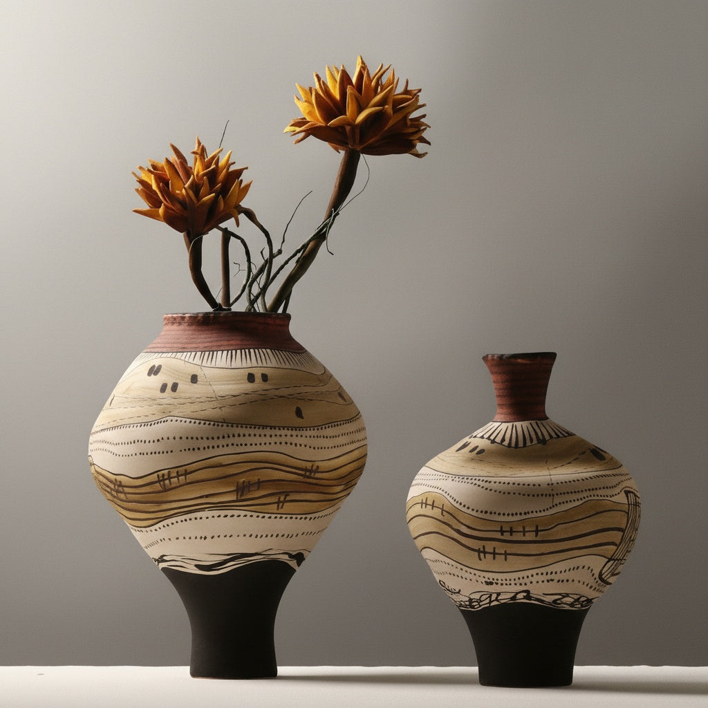 Two hand painted ceramic vases with abstract earth tone patterns and black bases