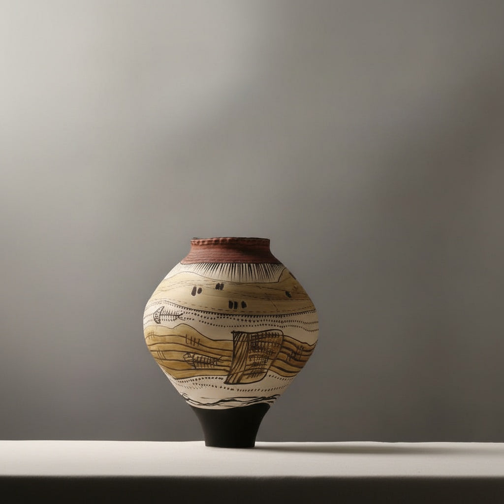 Medium hand painted ceramic vase with rust rim and tribal line details