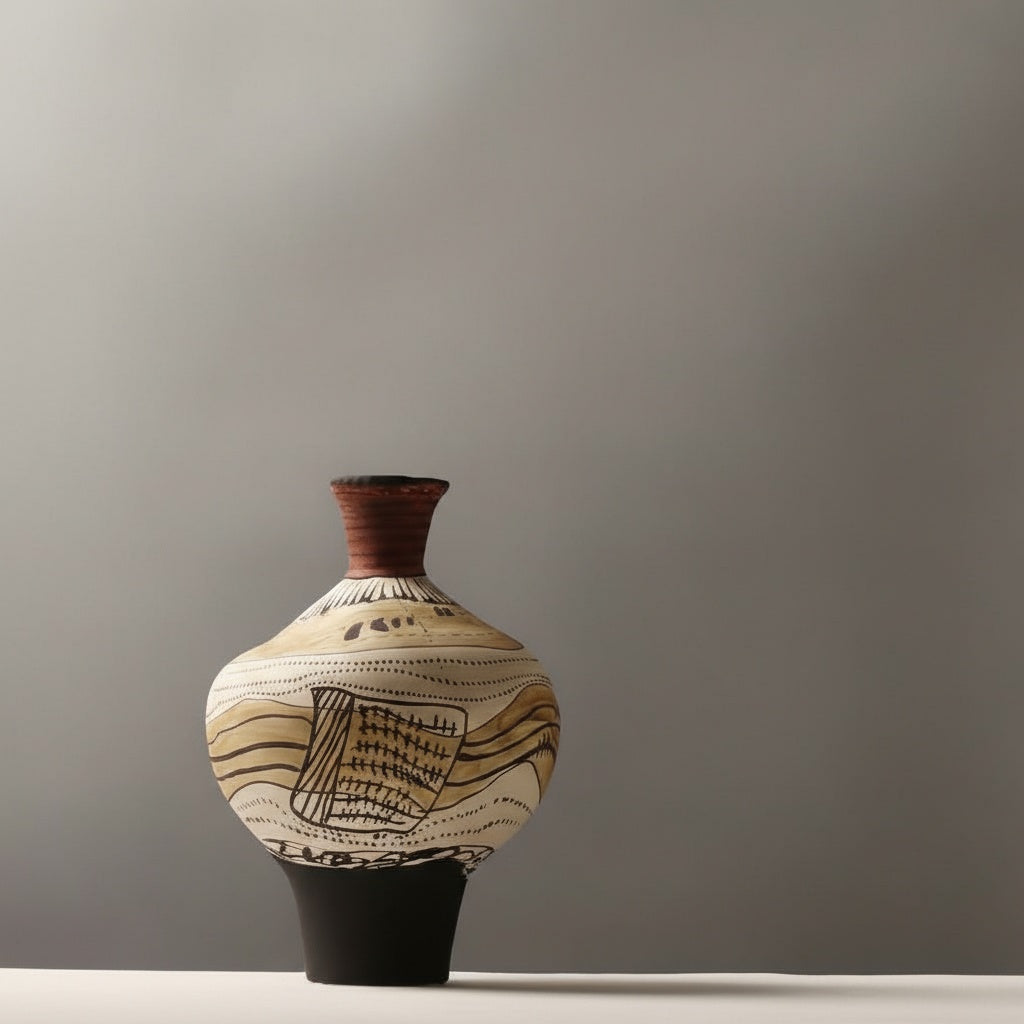 Large hand painted ceramic vase with bulbous body and intricate black markings