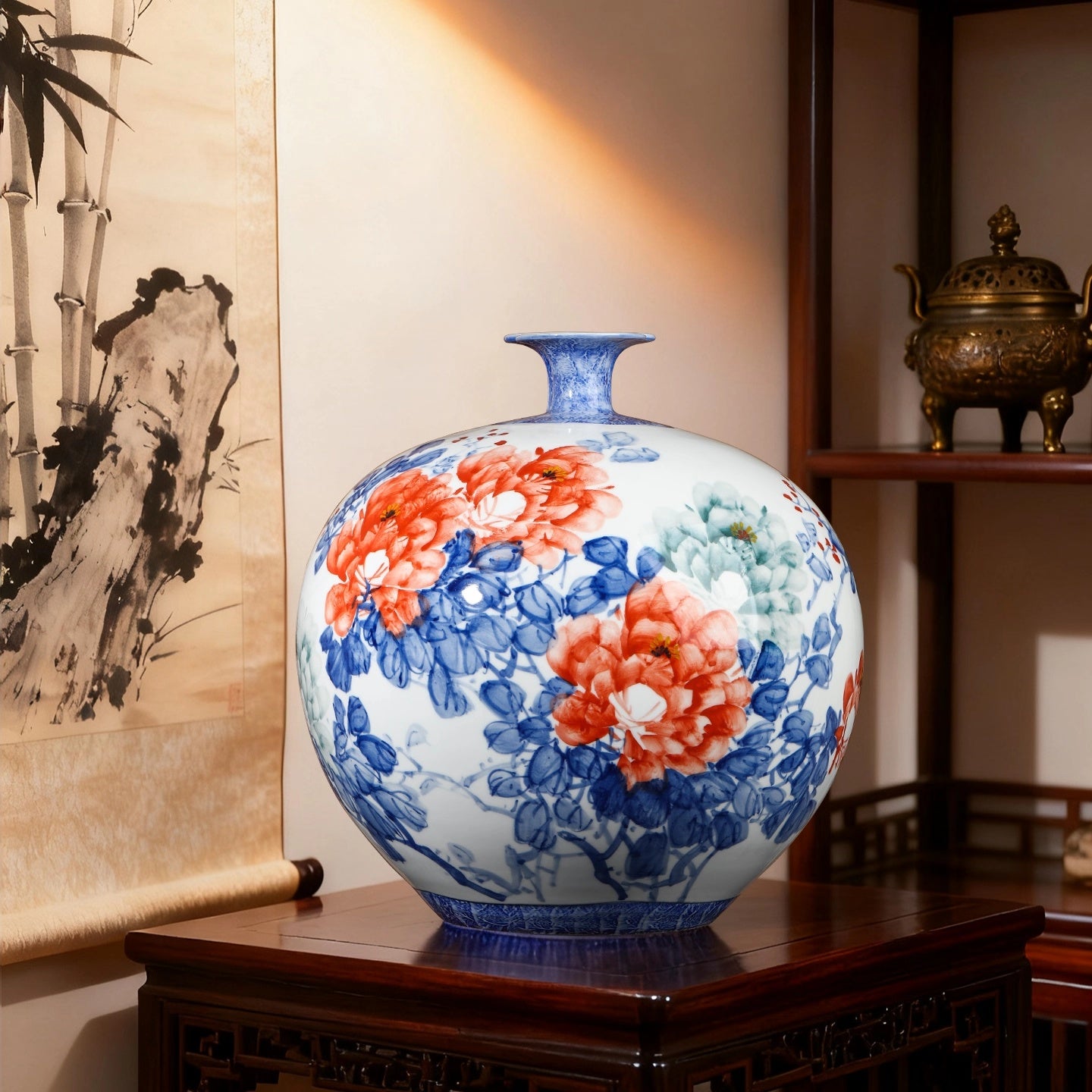 Hand-painted floral ceramic globular vase front view