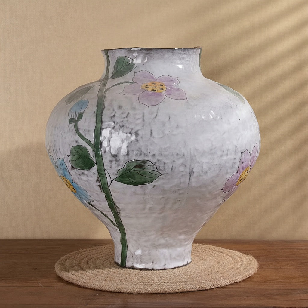Hand-painted floral ceramic round vase with purple and blue flowers on white glaze