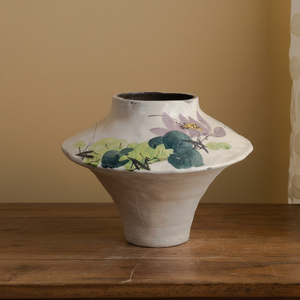 Front view of hand-painted floral ceramic vase with wide tapered shape