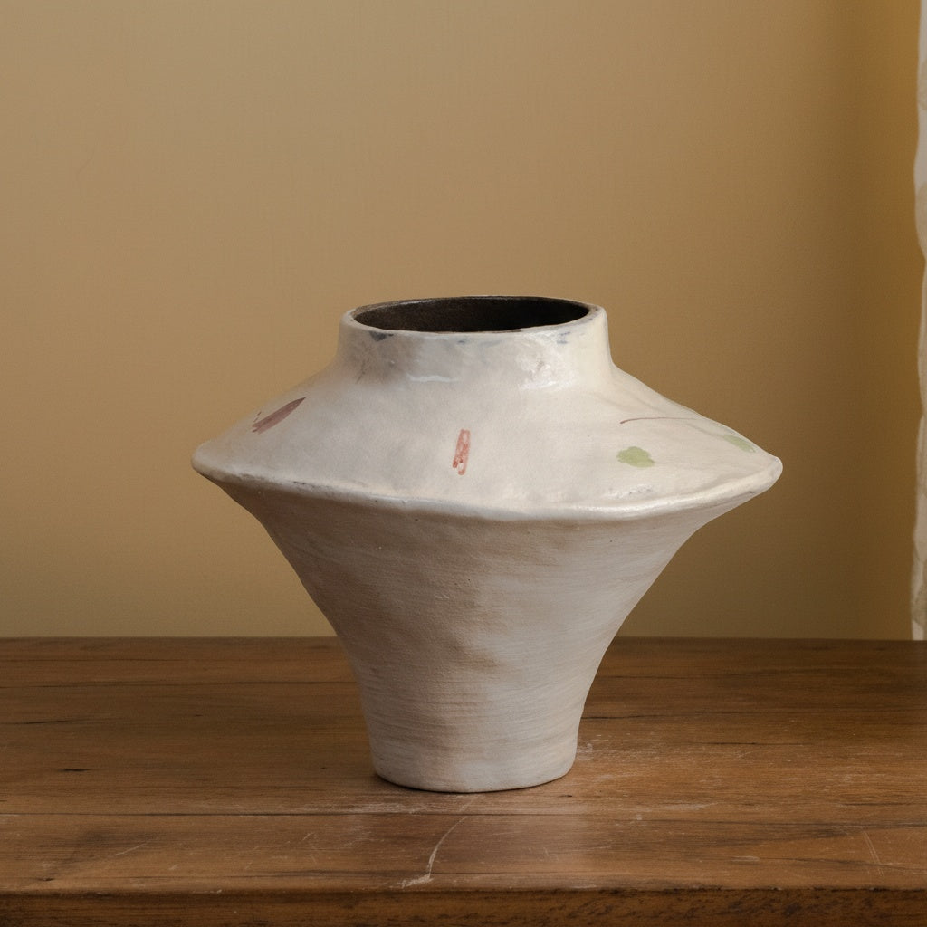 Side view of cream ceramic vase with botanical painting