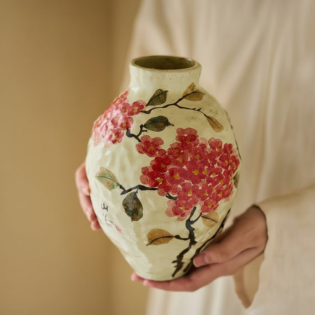 Hand-painted floral ceramic vase held in hands