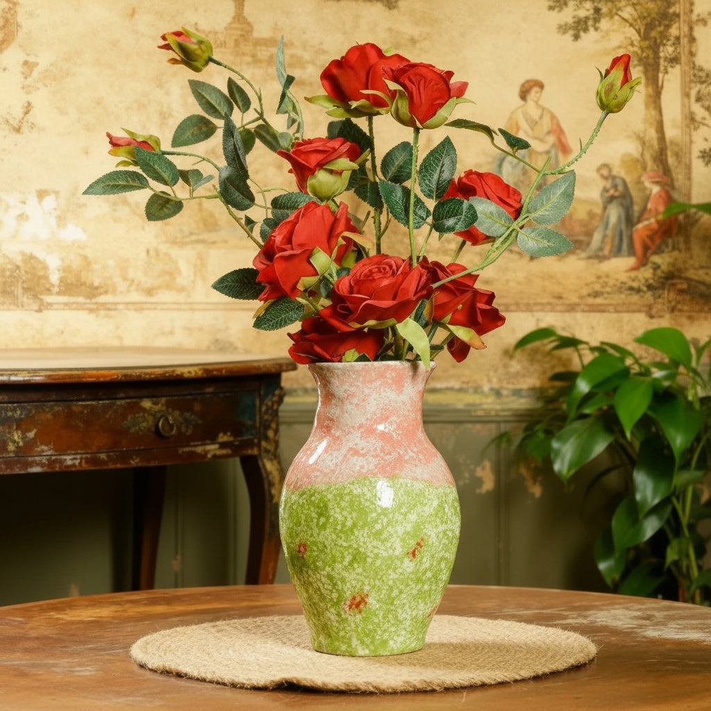 Hand-Painted Floral Ceramic Vase Styled with Red Roses
