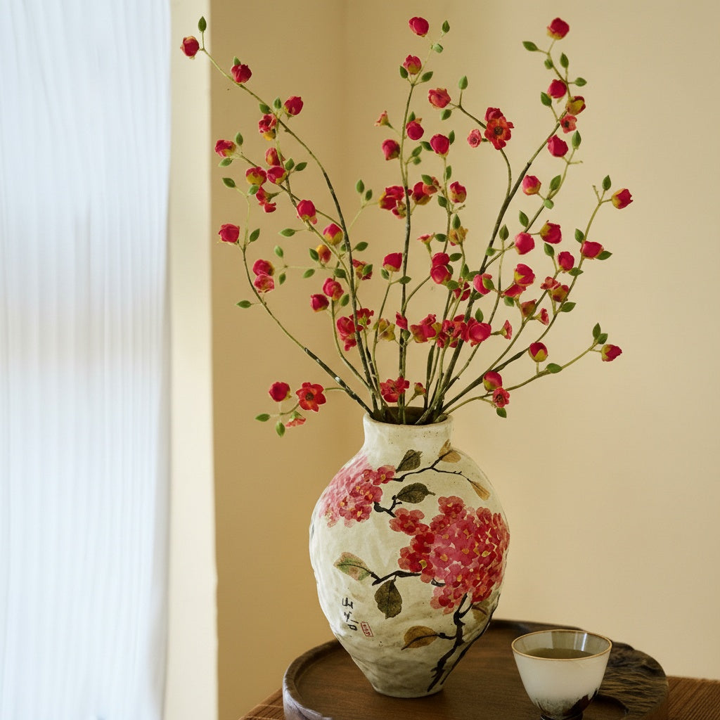 Floral ceramic vase with red flowers on wooden table
