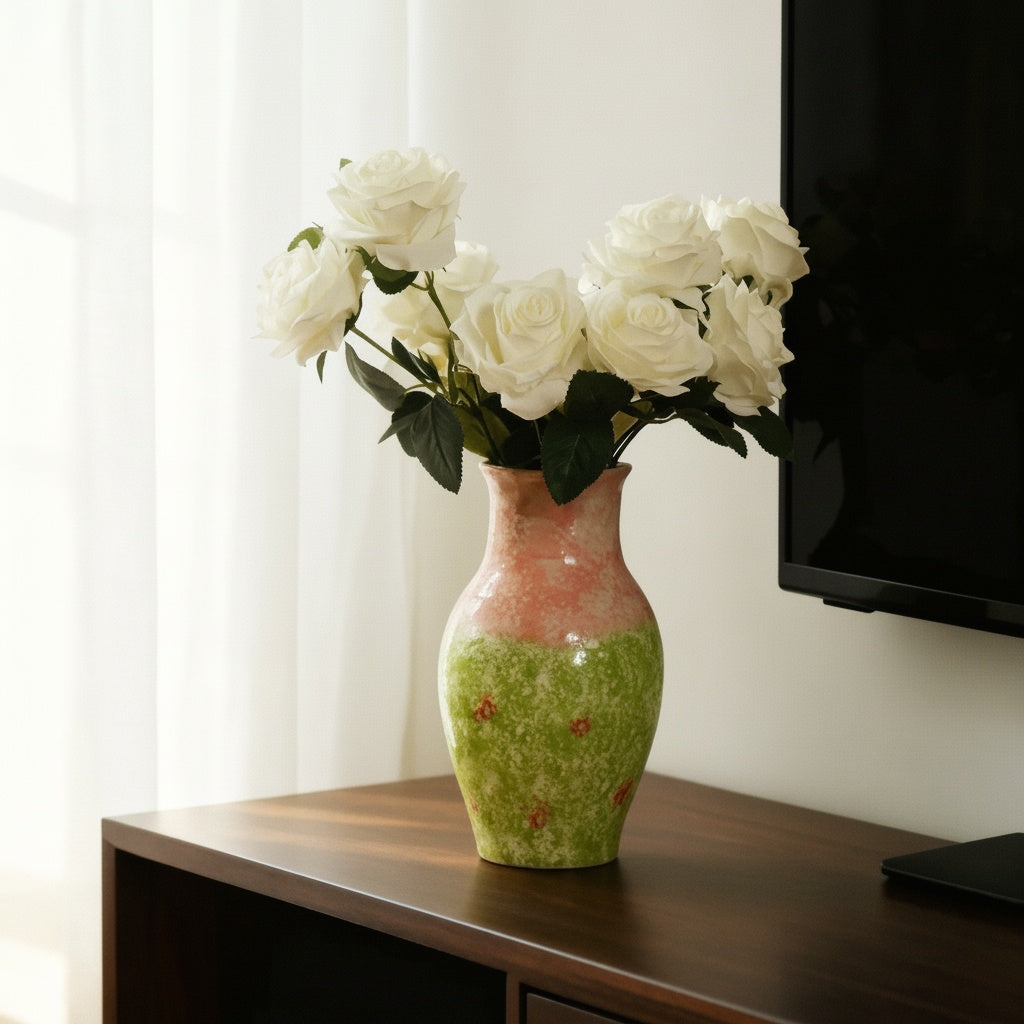 Hand-Painted Floral Ceramic Vase Styled with White Roses