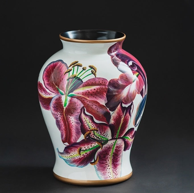 Large porcelain vase with purple floral motif and gold rim