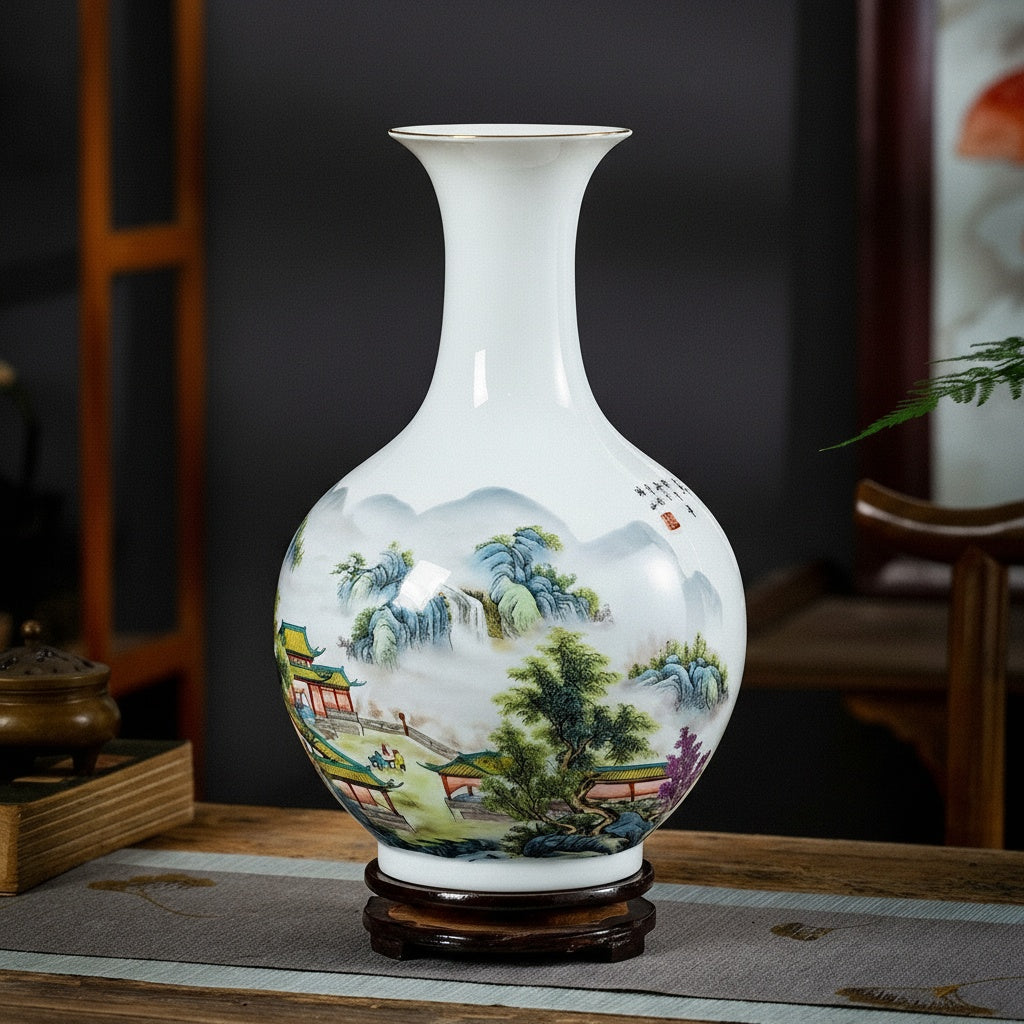 Hand-painted landscape ceramic bottle vase front view